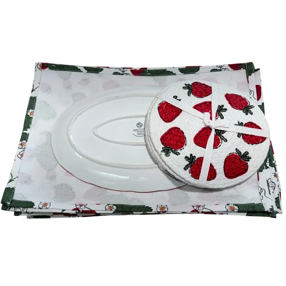 Mabelle Kitchen & Table Strawberry Ceramic Platter 4 Trivets 8 Placemats Set